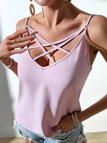 SHEIN Essnce Women's Solid Color Criss-Cross Strap Tank Top - Dusty Pink - View 1