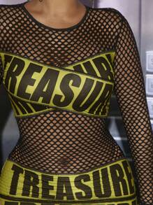 SHEIN SXY 女款字母印花透明網眼鏤空連身裙 - 彩色 - 查看 4