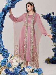 Al Najma 1set Women's Round Neck Long Sleeve Dress And Embroidered Mesh Jacket 2 Piece Set Fall Cloth For Women - Pink - View 3