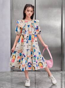 SHEIN Tween Girls' Loose Fit Vintage Cartoon Pattern Ruffle Trim Dress