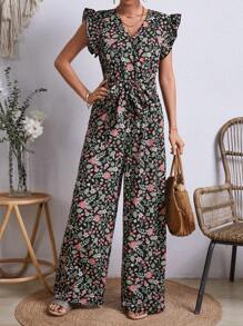 SHEIN VCAY 女款花卉印花荷葉邊寬褲連身褲 - 黑色 - 查看 1