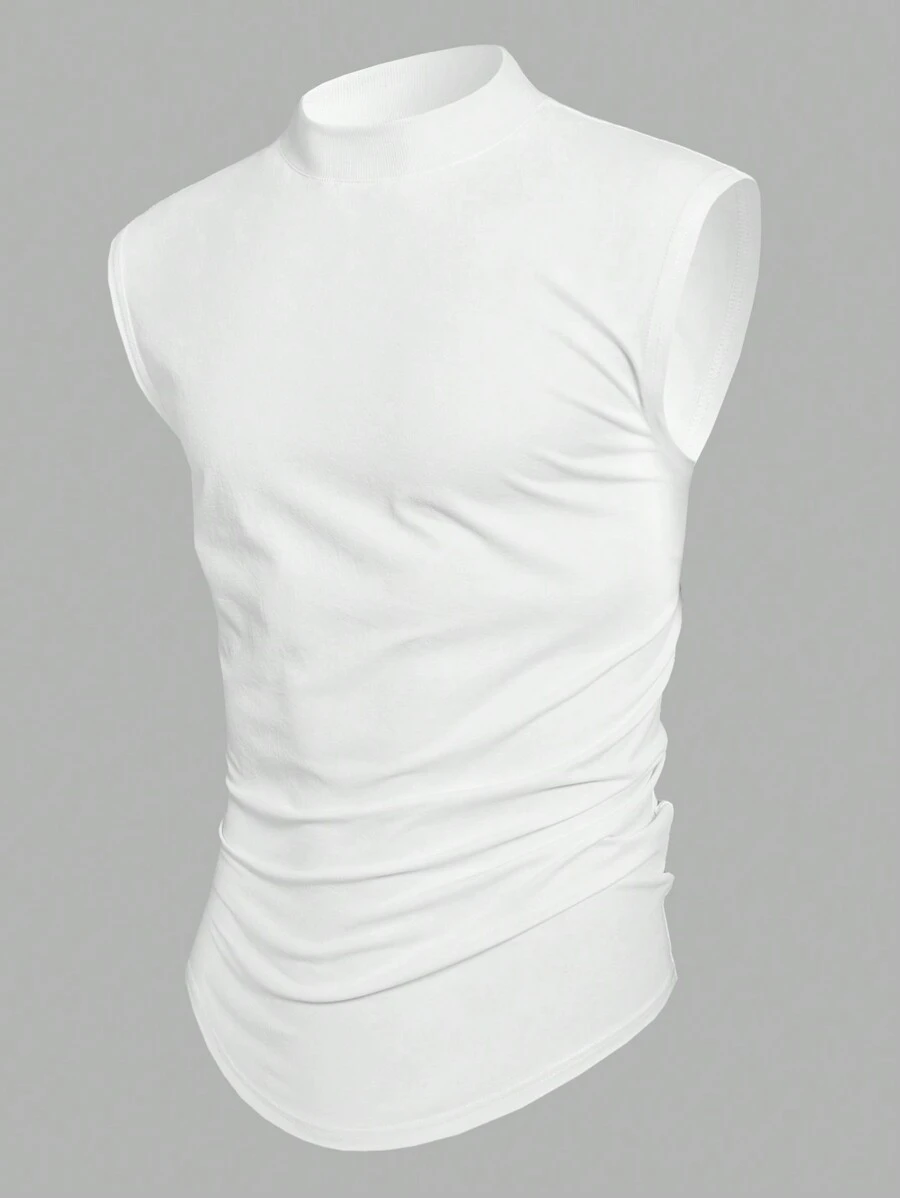 Manfinity Homme Men's Solid Color Plain Stand Collar Casual Sleeveless Tank Top With Pleats, For Going Out - White - View 1