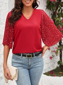 SHEIN Clasi Quý cô In Trái tim Tay áo xù Áo sơ mi - Đỏ - Xem 1