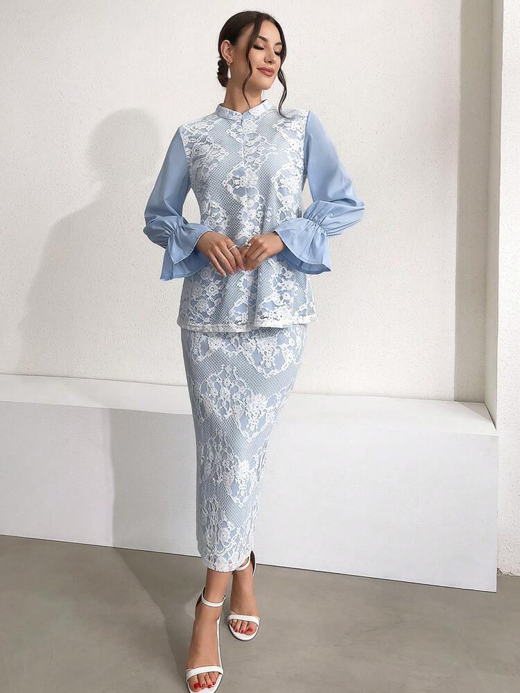 Ladies' Lace Patchwork Cheongsam Collar Slit Back Two Pieces Set 2 Pieces Set Fall Cloth For Women