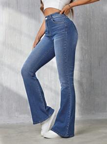 SHEIN Tall 女士貓鬚喇叭牛仔褲 - 深色水洗藍 - 查看 3