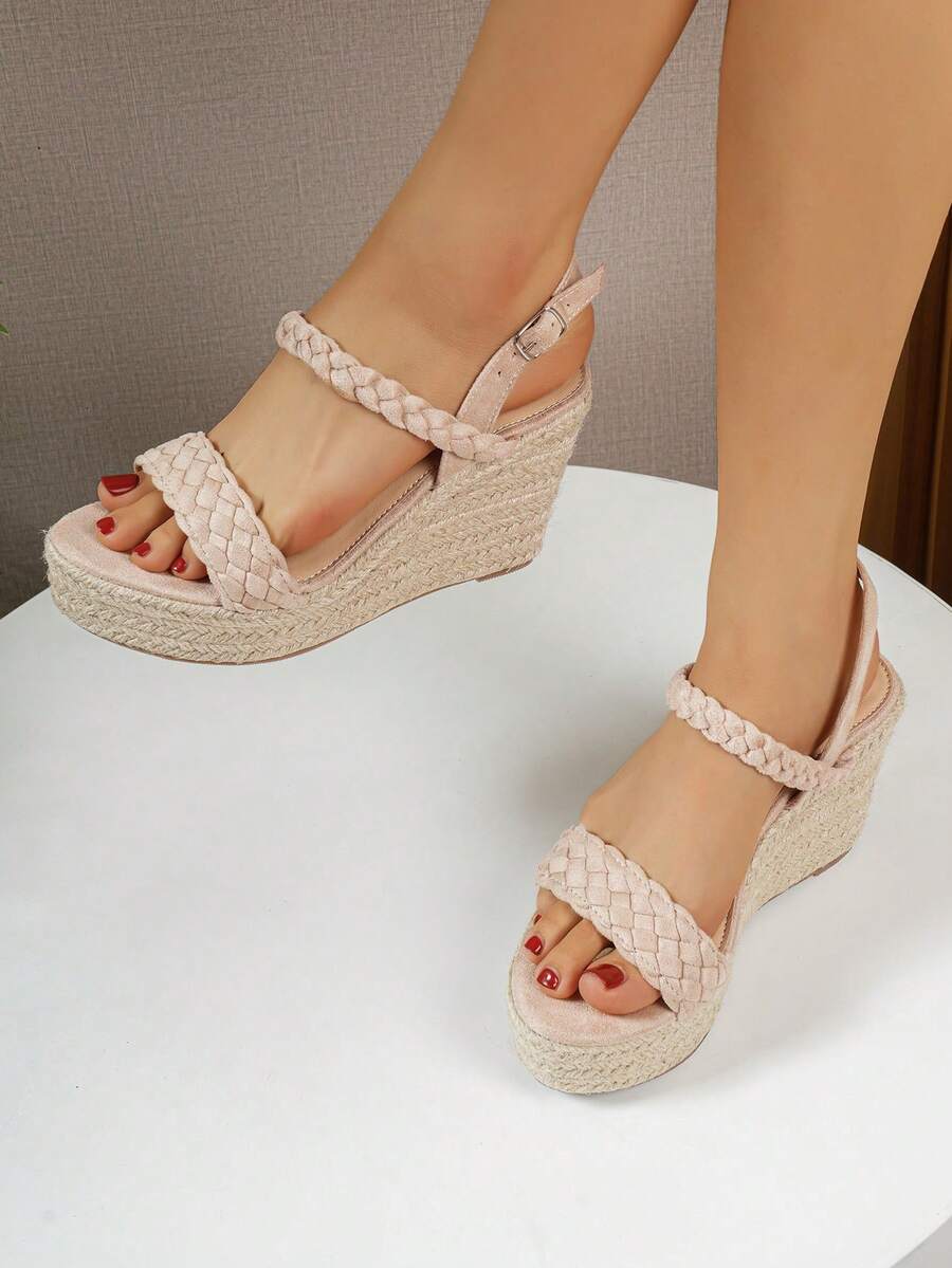 新款舒適時尚女士增高楔形鞋底厚底涼鞋 - 杏色 - 查看 1