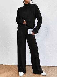 Cottnline 女士純色肋針針織上衣和長褲套裝 - 黑色 - 查看 3