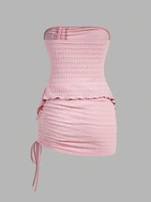 SHEIN ICON Drawstring Detail Lettuce Trim Strapless Top And Skirt Pink Set - Dusty Pink - View 2