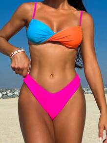 SHEIN Swim 女士拼色比基尼套装，两种穿法，狂欢夏日海滩 - 彩色 - 查看 4