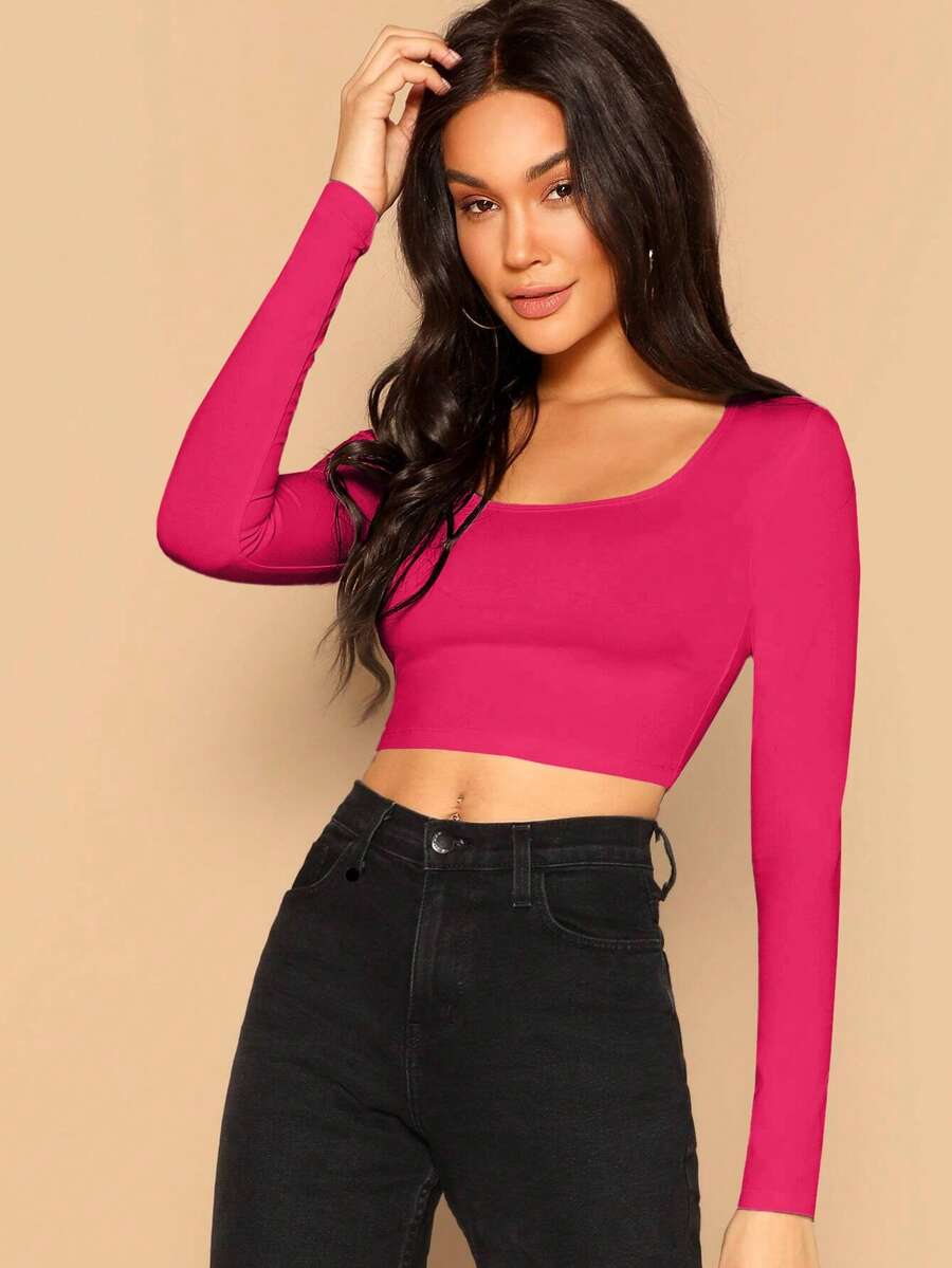 SHEIN Essnce Women's Cropped Long Sleeve T-Shirt - Hot Pink - View 1
