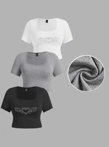SHEIN EZwear Women's Plus Size 2024 Spring/Summer Valentine's Day Heart Print Short Sleeve T-Shirt With Rhinestone Embellishment, 3pcs/Set - Multicolor - View 4
