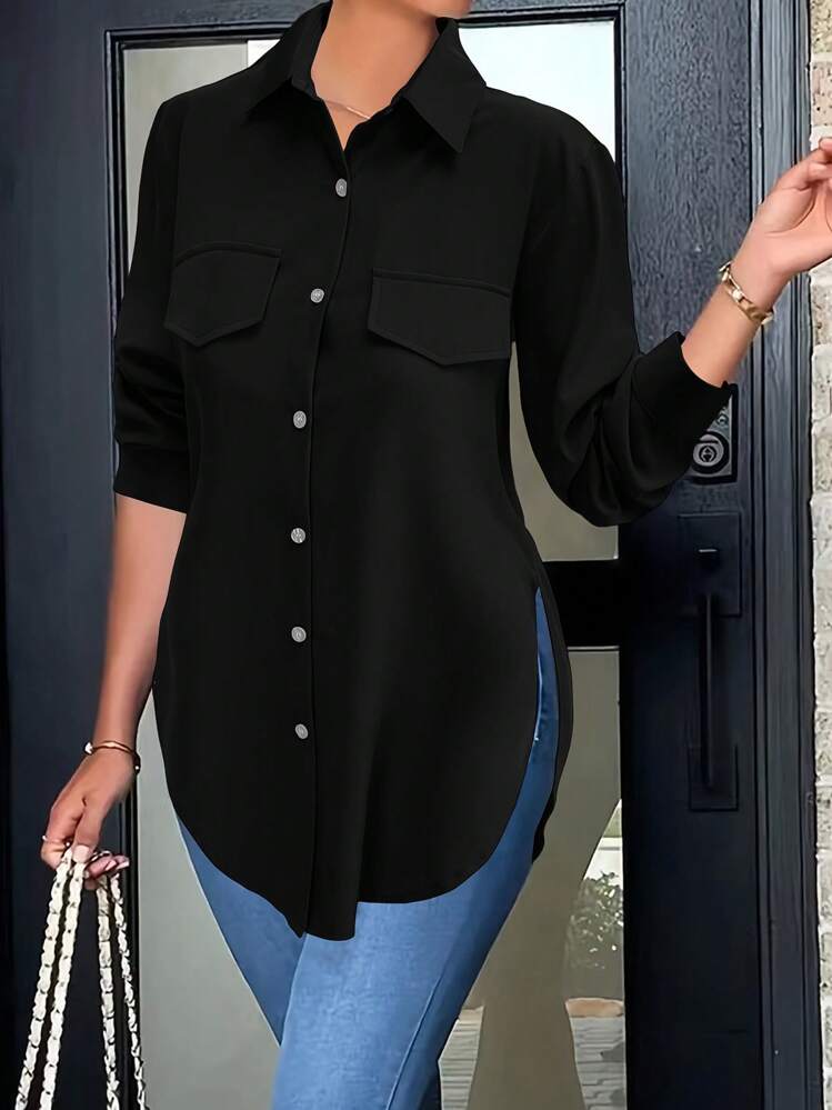 Camisa casual de primavera para mujer con abertura lateral, falso bolsillo y dobladillo negro - Negro - Añade 4