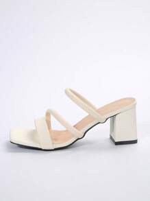 Spring/Summer White French High Heels Sandals, Minimalist Square Toe Design, Faux Leather, Suitable For Walking, Dating, Gatherings, Parties, Work - Beige - View 4