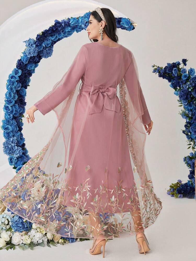 1set Women's Round Neck Long Sleeve Dress And Embroidered Mesh Jacket 2 Piece Set Fall Cloth For Women