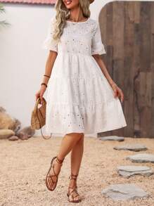 SHEIN LUNE Embroidered Ruffle Sleeve Babydoll Dress - White - View 6