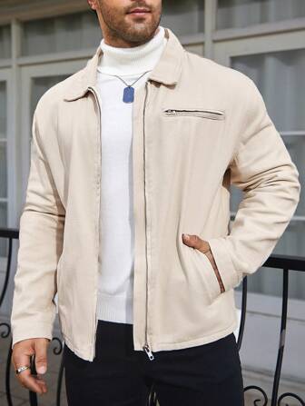 Manfinity Homme Loose Fit Men's Solid Color Denim Jacket With Zipper Closure