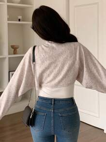 DAZY Women's Twisted Knit Batwing Sleeve Cropped Sweater,Fall Clothes - Beige - View 2