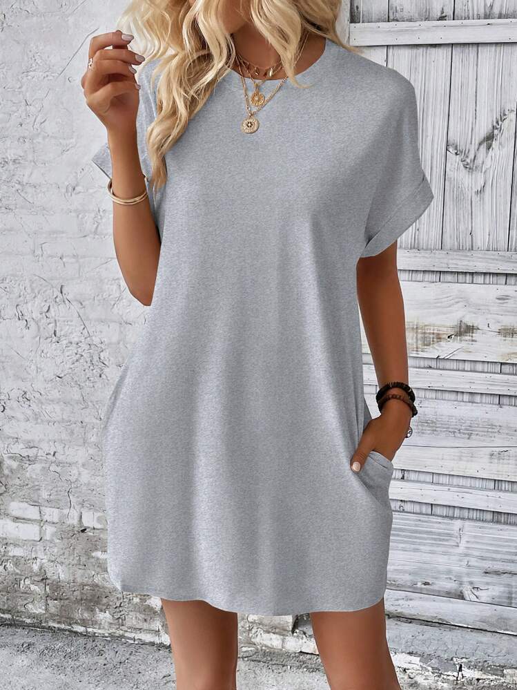 INAWLY Loose Fit Solid Color Round Neck Batwing Sleeve Dress - Grey - View 6