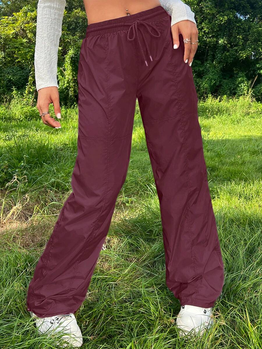 EURMUSE Solid Drawstring Waist Pants - Chocolate Brown - View 1