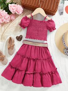 Conjunto De Falda Con Dobladillo Con Volantes Y Top Con Mangas Abullonadas Y Hombros Descubiertos De Color Liso Para Niñas Jóvenes - Rosa Fucsia - Ver 2