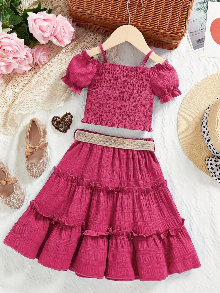 Young Girls' Solid Color Off-Shoulder Puff Sleeve Top And Ruffled Hem Skirt Set