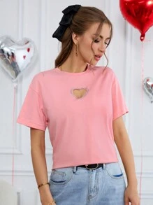 SHEIN Essnce 情人節粉色心形剪裁短袖t恤,春季綴有閃閃發光的水晶鑽 - 粉色 - 查看 3