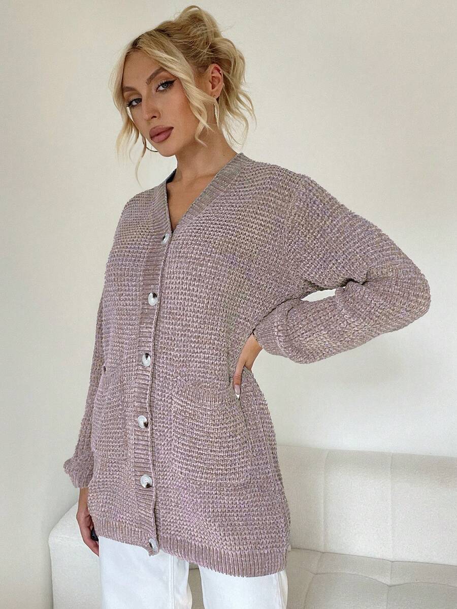 Women Solid Color Chenille Button Front Long Sleeve Casual Cardigan Sweater - Purple - View 1