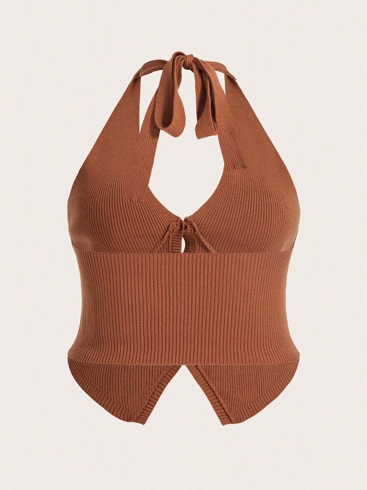 Plus Size Women's Halter Neck Asymmetrical Hem Knitted Top