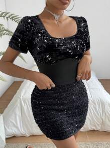 SHEIN Privé 短袖t恤,配有亮片設計 - 黑色 - 查看 3