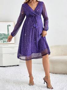 SHEIN 孕婦v領拉繩腰身連衣裙 - 紫色 - 查看 3