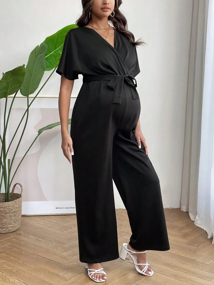 SHEIN Mono Premamá Con Escote Cruzado Y Mangas Murciélago - Negro - Añade 1