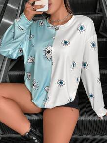 Flirla Áo nỉ cổ tròn in họa tiết mắt phối màu dành cho nữ cỡ lớn, thích hợp cho mùa thu. - Nhiều màu - Xem 1