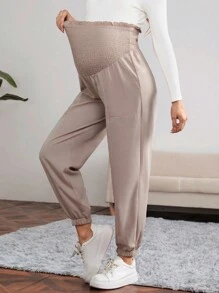 SHEIN Maternity Elastic Waist Loose Fit Casual Pants - Apricot - View 1