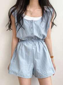 DAZY 简约半扣宽松剪裁连体裤式家居服，配有抽绳腰部睡衣 - 藍色 - 查看 5