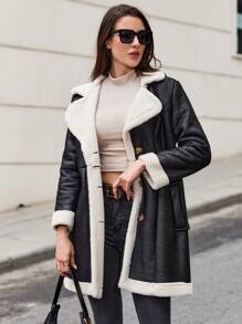 EURMUSE Manteau Patchwork En Peau De Mouton À Blocs De Couleurs Pour Femme, Coupe Régulière - Noir - Voir 1