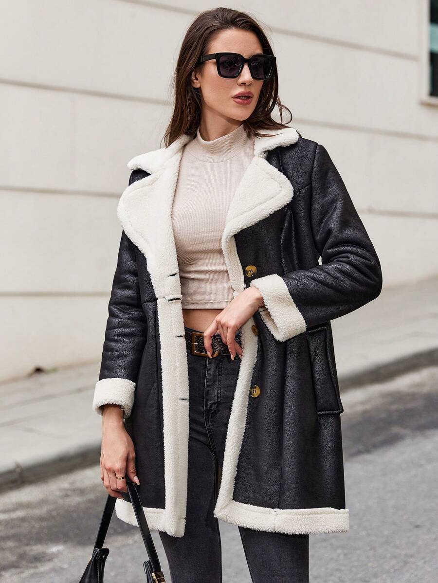 EURMUSE Manteau Patchwork En Peau De Mouton À Blocs De Couleurs Pour Femme, Coupe Régulière - Noir - Voir 1