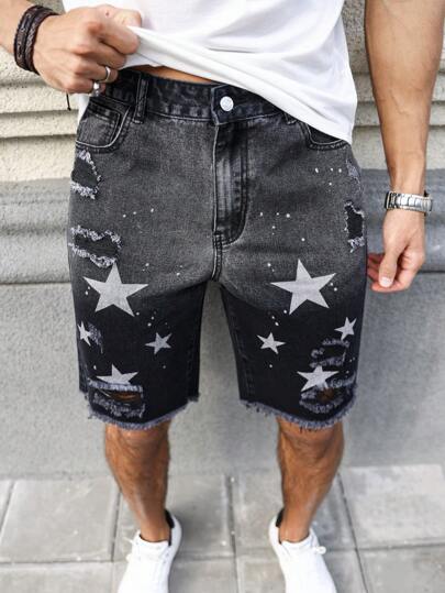 Manfinity Roughcore Men's Star Print Distressed Denim Shorts Graphic Denim Jorts Baggy Star Party Dark Grey Denim Shorts, For Husband, Boyfriend Gifts Going Out Urban Vacation Tropical Street