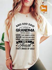 SHEIN LUNE Của phụ nữ Slogan In Ngắn tay Áo thun - Màu be - Xem 1