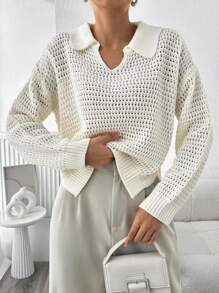EURMUSE Pull En Tricot À Col Polo Pour Femme - Beige - Voir 3