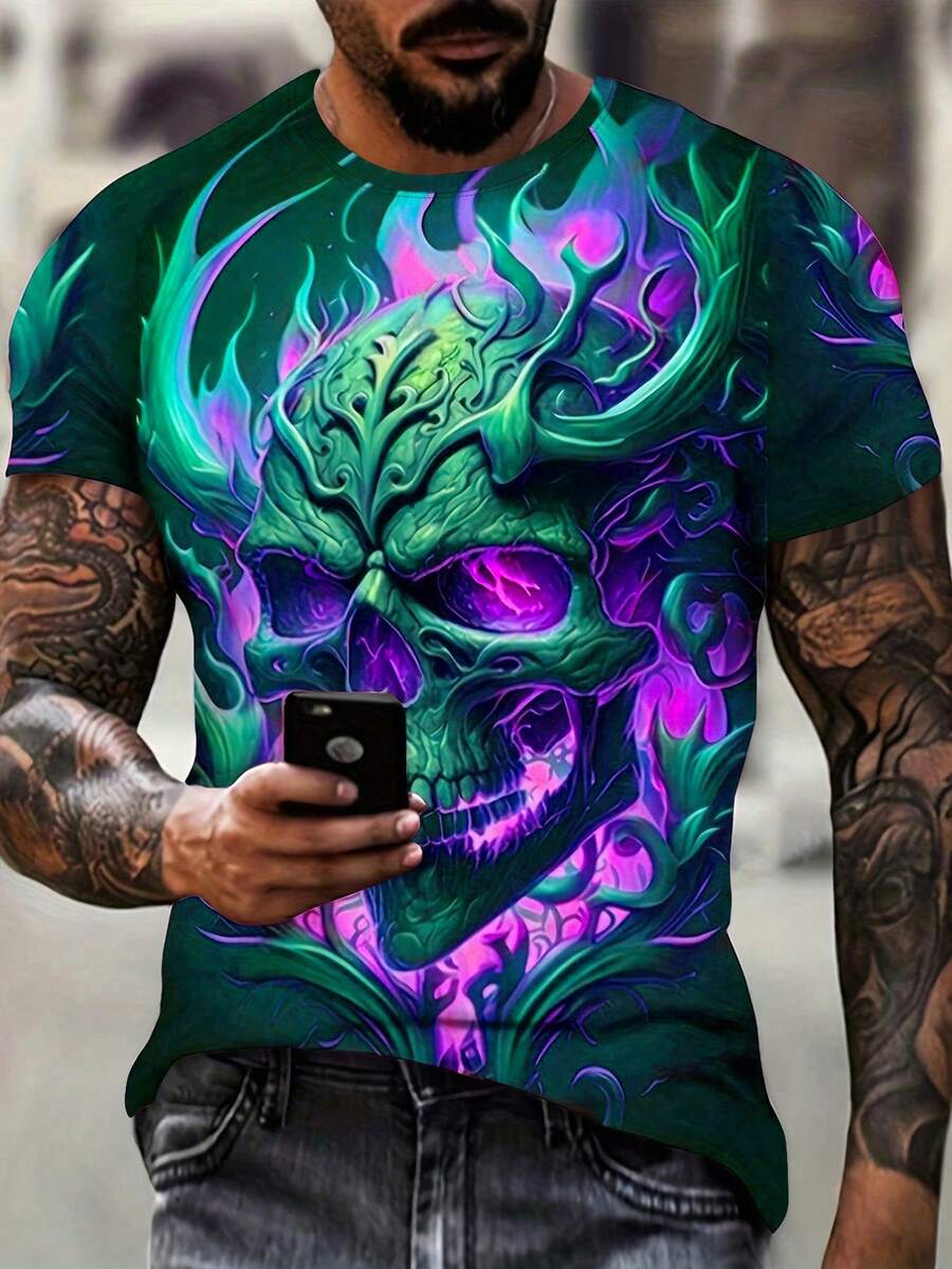 Manfinity Homme Nam Kích thước lớn In Đầu lâu Ngắn tay Áo thun - màu xanh lá - Xem 1