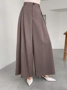 DAZY Solid Color High Waisted Pleated Wide Leg Women's Suit Pants - Khaki - View 5