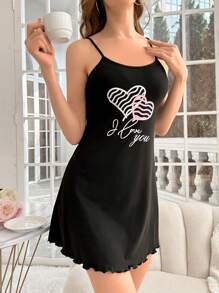 Color Block Letter & Heart Printed Cami Sleep Dress Pajama Dress