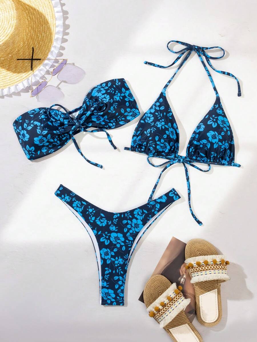 SHEIN Swim Summer Beach Ensemble de bikini à bretelles imprimé floral pour femme