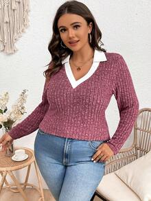 Calvaya Plus Size Contrast Ribbed Knit T-Shirt - Purple - View 3