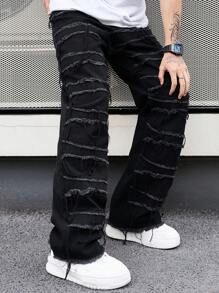 Manfinity ZONE917 Men's Straight Leg Jeans With Frayed Hem Plain Wide Jeans Long Baggy Plain Black Washed Cargo Jeans, For Husband, Boyfriend Gifts Going Out Hang Out Commute Work Street, Grunge