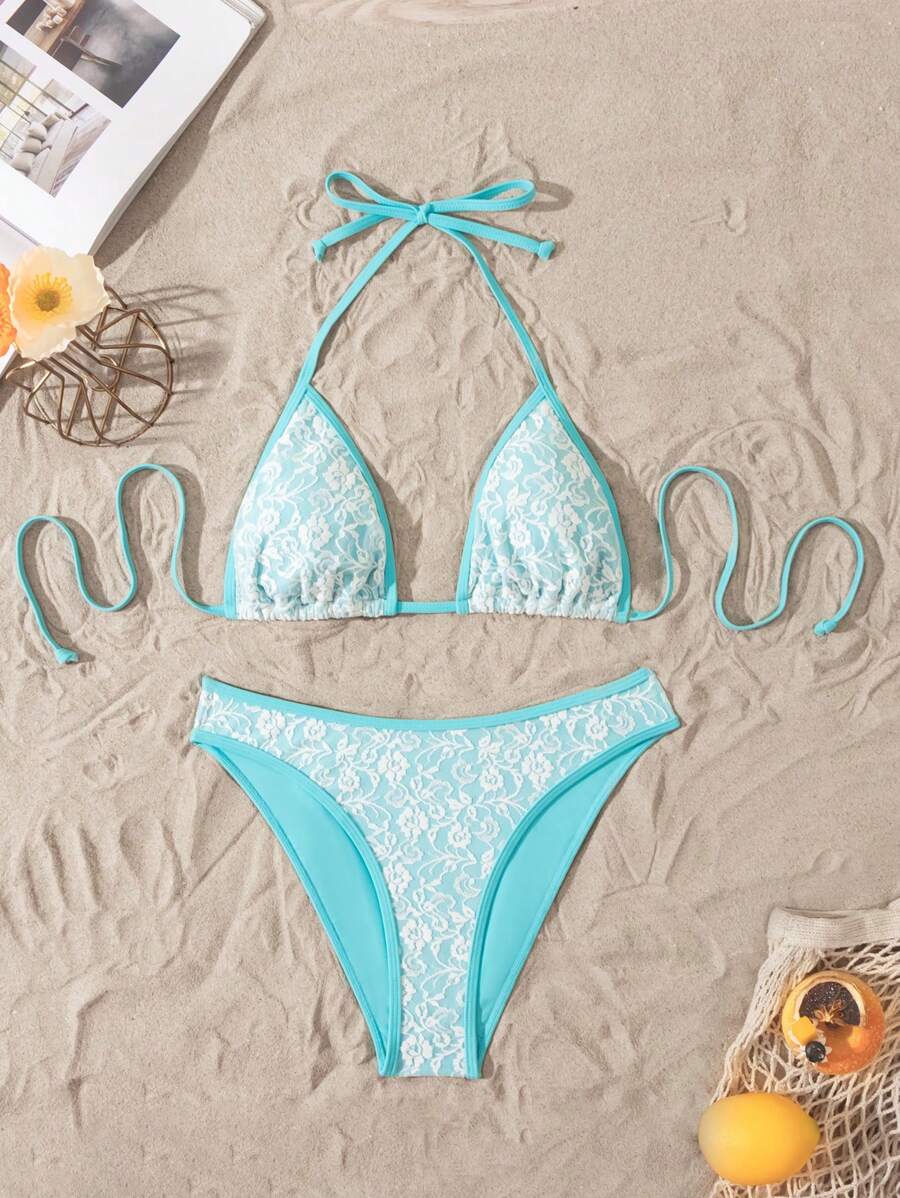 Swim Mod Summer Floral Lace Bikini Swimwear Set - Blue - View 1