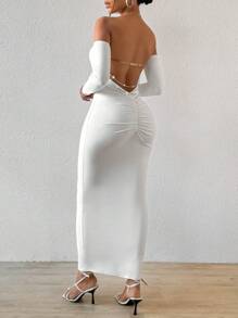 BamGleam 女士露背露肩连衣裙 超长女士服装 - 白色 - 查看 6