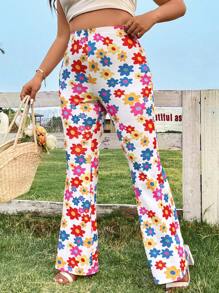 Flirla Plus Size Floral Print Bell Bottoms - Multicolor - View 3