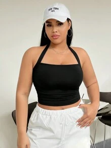 SHEIN EZwear Kích thước lớn Của phụ nữ Halter Neck Vòng eo có thể điều chỉnh Xếp li Áo ba lỗ - màu đen - Xem 5
