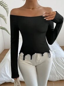 SHEIN Privé 女款熱鑽細節露肩修身長袖 T 卹 - 黑色 - 查看 3
